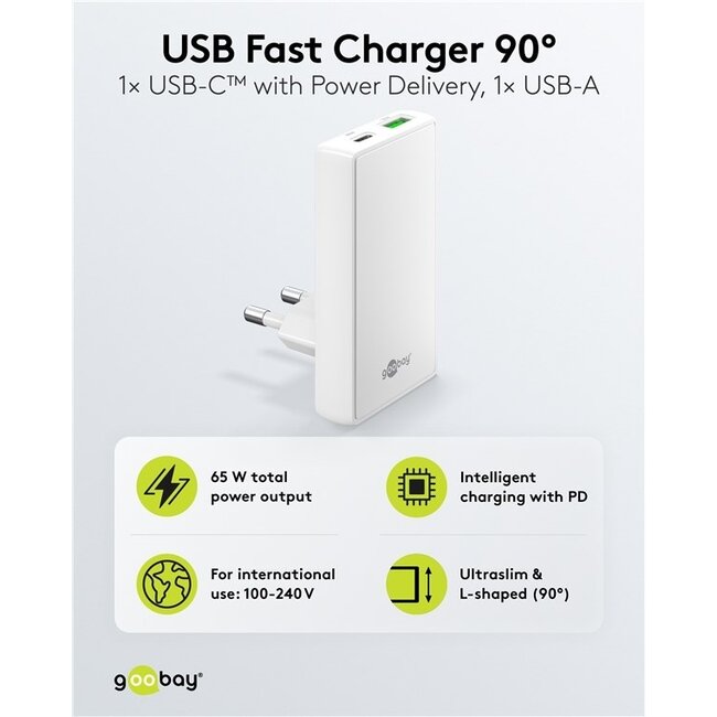 Goobay Flach USB-Ladegerät | USB-C PD + USB-A QC | GaN | 65W | Weiß