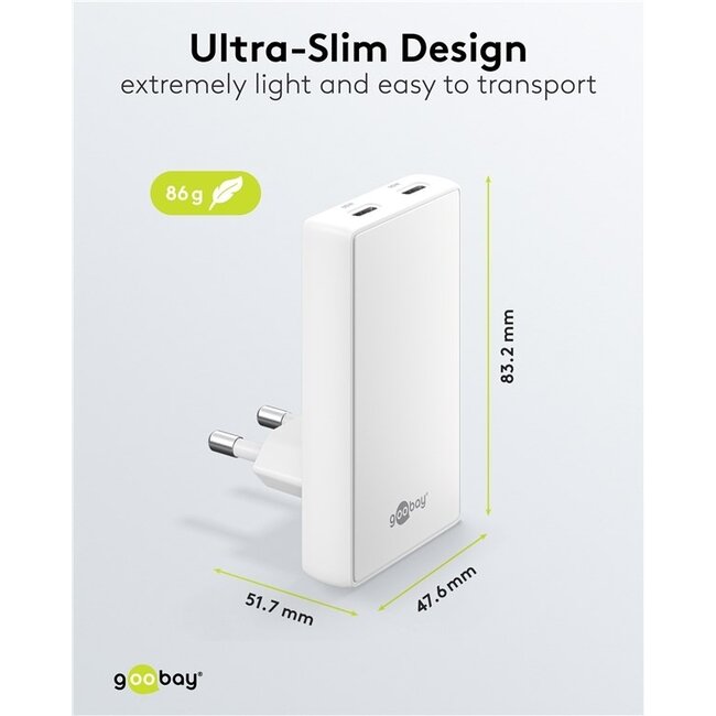 Goobay Flach USB-Ladegerät | 2x USB-C PD | GaN | 65W | Weiß