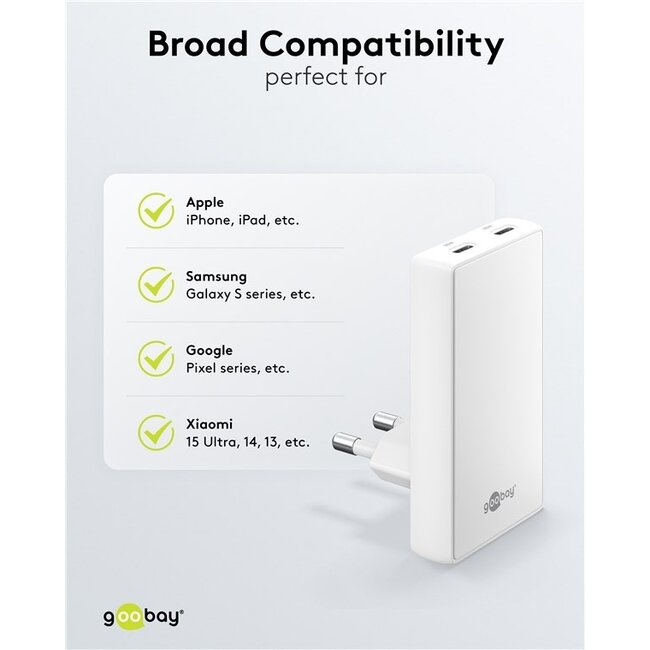 Goobay Flach USB-Ladegerät | 2x USB-C PD | GaN | 65W | Weiß