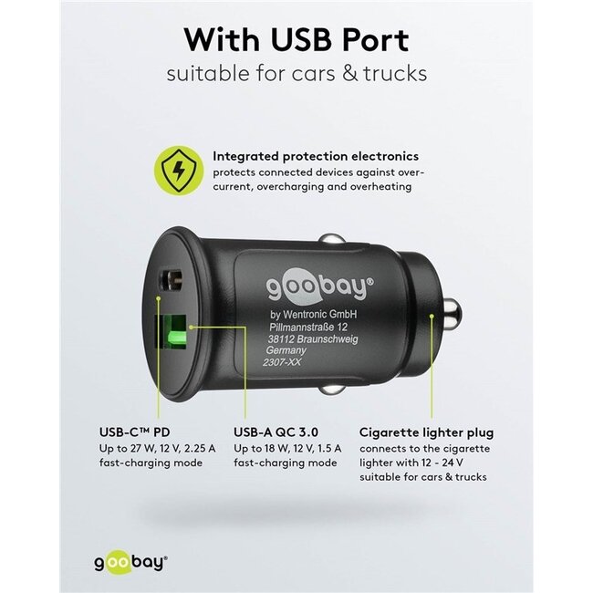 Goobay USB Auto-Ladegerät | USB-C PD & USB-A QC | 27W