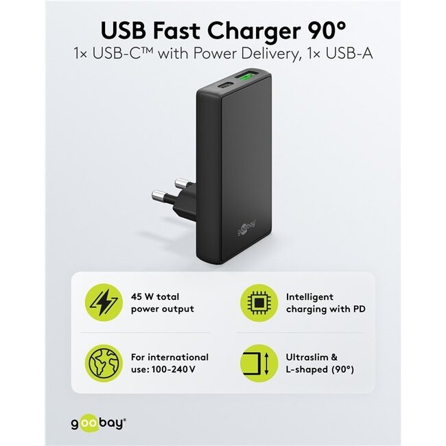 Goobay Flacher USB-Ladegerät | USB-C PD + USB-A QC | GaN | 45W | Schwarz