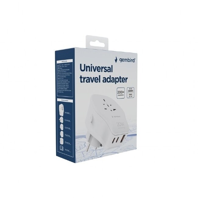 Gembird Reiseadapter Set mit USB-Ladegerät | 2x USB-C PD + 1x USB-A QC | GaN | 20W