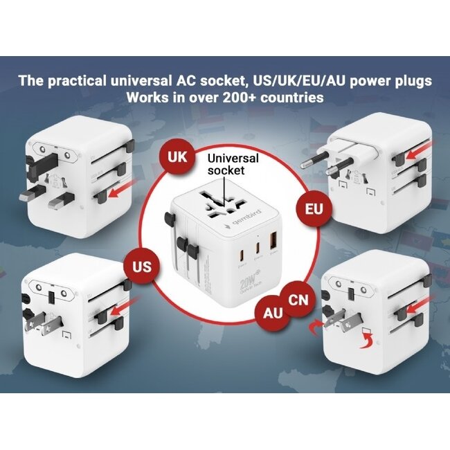 Gembird Reiseadapter mit USB-Ladegerät | 2x USB-C PD + 1x USB-A QC | GaN | 20W