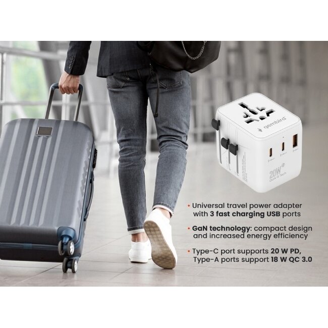 Gembird Reiseadapter mit USB-Ladegerät | 2x USB-C PD + 1x USB-A QC | GaN | 20W