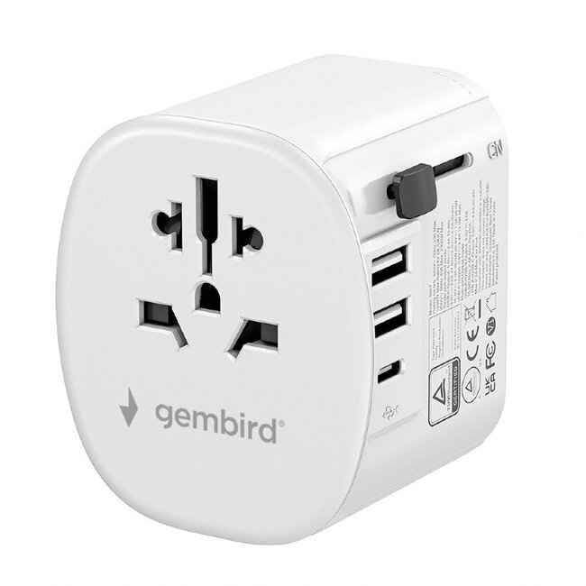 Gembird Reiseadapter mit USB-Ladegerät | 1x USB-C + 2x USB-A | 15,5W