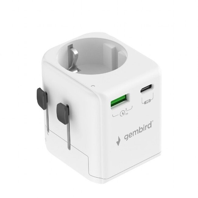 Gembird Reiseadapter mit USB-Ladegerät | USB-C PD + USB-A QC | GaN | 20W