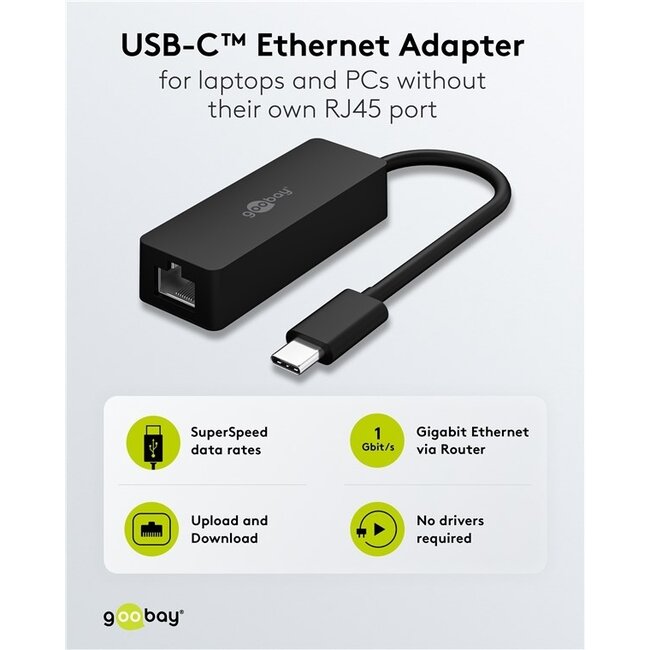 Goobay USB-C zu RJ45 LAN Adapter | USB 3.0 | CAT6 | Schwarz | 0,10 m
