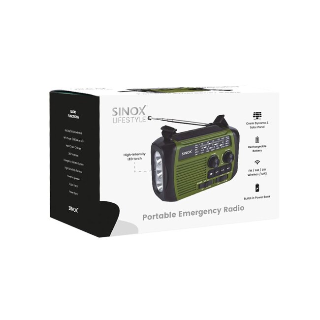 Sinox Notfallradio mit Taschenlampe | AM/FM/SW, Bluetooth & USB/Micro SD