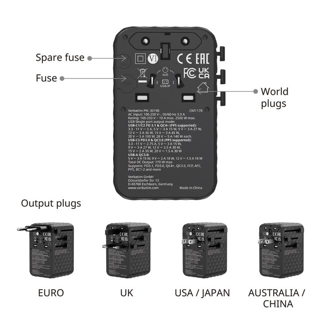Verbatim CNT-170 Universal Reiseadapter | 1x USB-A + 3x USB-C | GaN | 170W