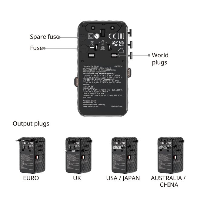 Verbatim CNT-70/2C Universal Reiseadapter | 1x USB-A + 3x USB-C | GaN | 70W | Schwarz