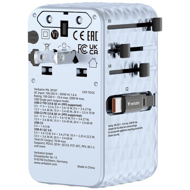 Verbatim CNT-70/2C Universal Reiseadapter | 1x USB-A + 3x USB-C | GaN | 70W | Blau