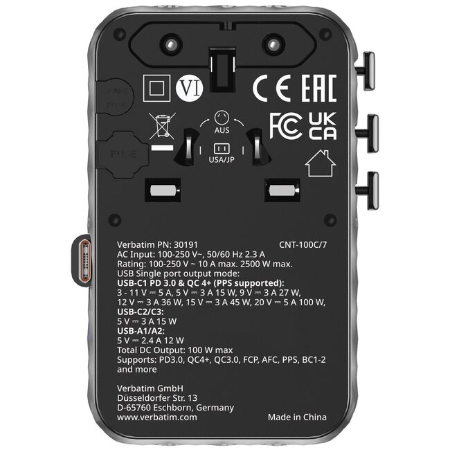 Verbatim CNT-100C/7 Universal Reiseadapter | 2x USB-A + 3x USB-C | GaN | 100W | Schwarz