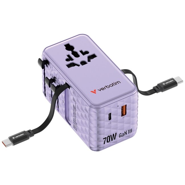 Verbatim CNT-70/2C Universal Reiseadapter | 1x USB-A + 3x USB-C | GaN | 70W | Lila