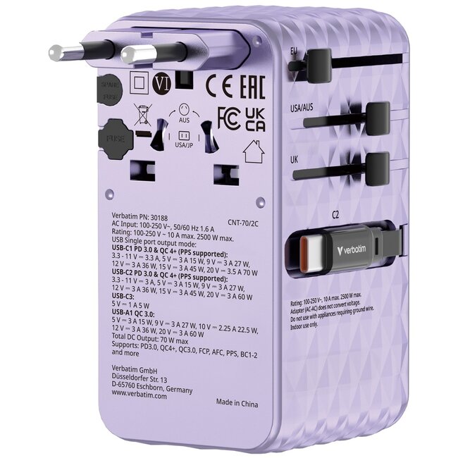 Verbatim CNT-70/2C Universal Reiseadapter | 1x USB-A + 3x USB-C | GaN | 70W | Lila