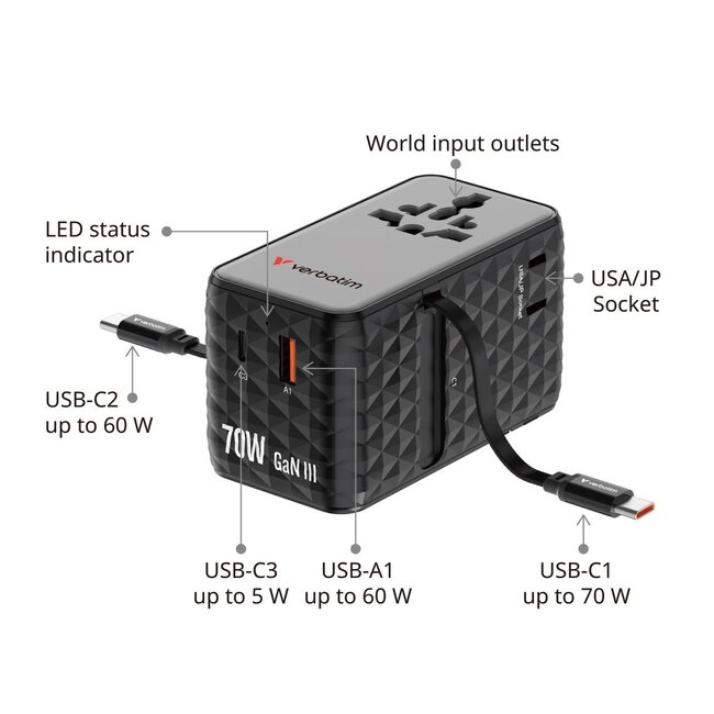 Verbatim CNT-70/2C Universal Reiseadapter | 1x USB-A + 3x USB-C | GaN | 70W | Lila