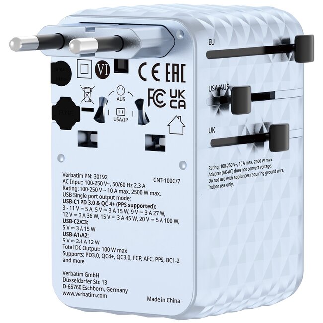 Verbatim CNT-100C/7 Universal Reiseadapter | 2x USB-A + 3x USB-C | GaN | 100W | Blau