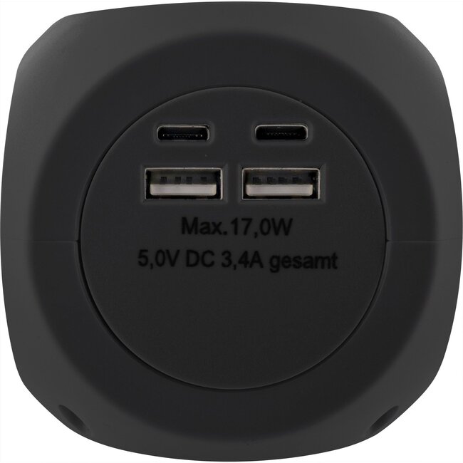 InLine Steckdosenleiste | 3 Steckplätze | USB-A + USB-C | Schwarz | 2 Meter