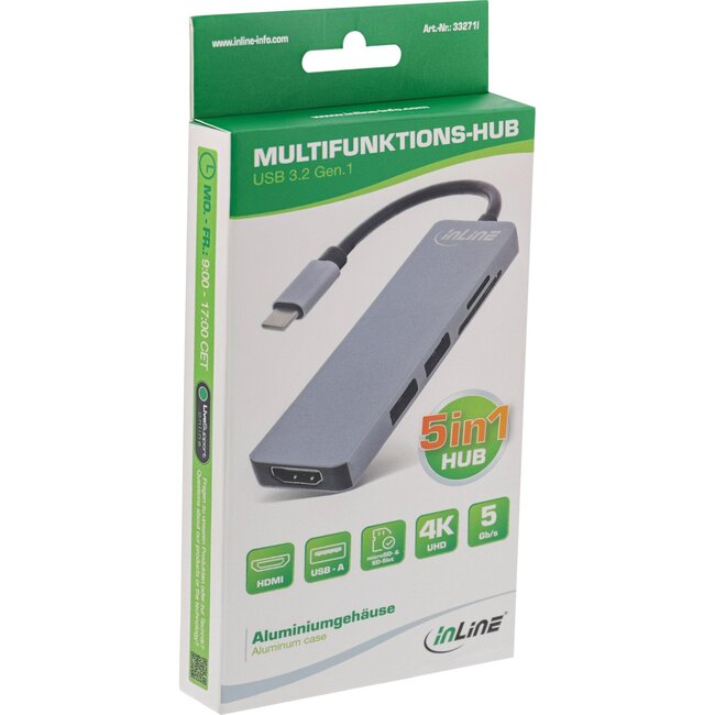 InLine USB-C zu HDMI 4K 30Hz, USB-A & (Micro) SD Adapter | Aluminium | 0,15 m
