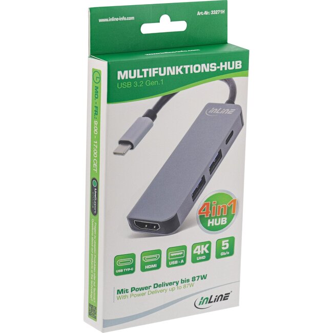 InLine USB-C auf HDMI 4K 30Hz, USB-A & USB-C PD 87W Adapter | Aluminium | 0,15 m