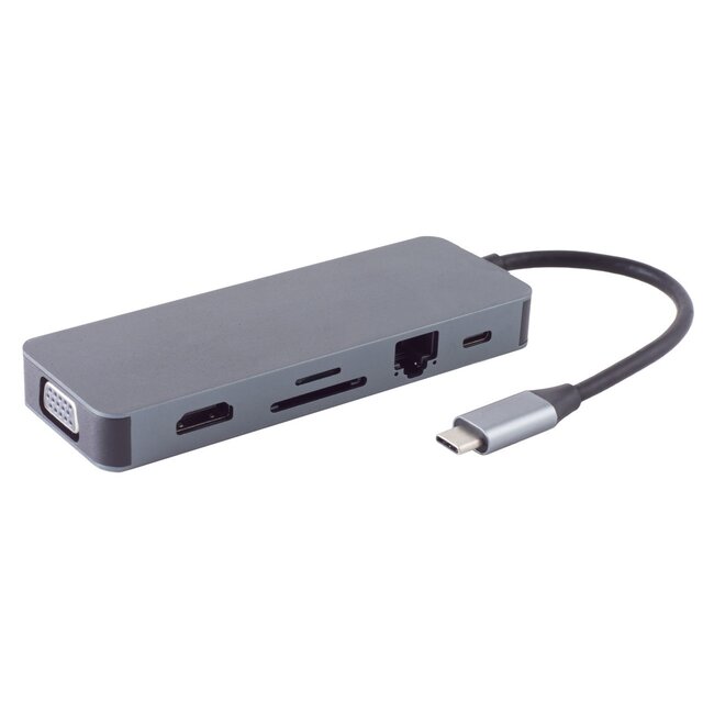 USB-C Multiport Dock | HDMI 4K 30Hz, VGA, USB-A+C, RJ45, 3,5mm & SD | PD 100W | Aluminium | 0,15 m