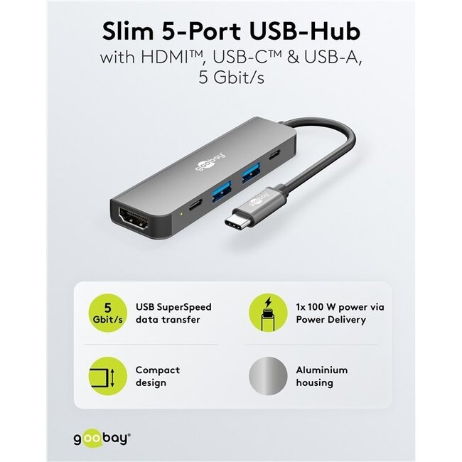 Goobay USB-Hub (USB-C) | 2x USB-A + 2x USB-C (1x PD 100W) | USB 2.0/3.0 | Aluminium | 0,10 m