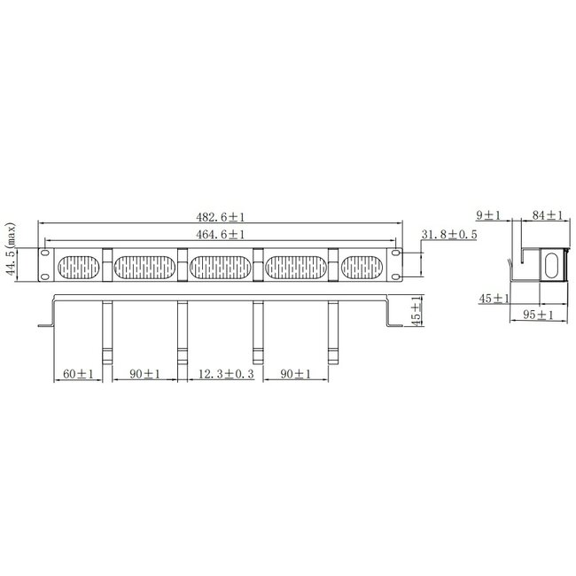 19 Zoll Einbau-Kabeldurchführung mit Bürste und 4 Ösen (G-Typ) | 1U | Schwarz