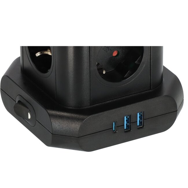 Brennenstuhl Steckdosenleiste Turm | 8 Steckplätze | 2x USB-A + 1x USB-C PD 20W | 2 m Kabel