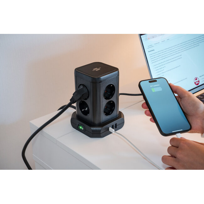 Brennenstuhl Steckdosenleiste Turm | 8 Steckplätze | 2x USB-A + 1x USB-C PD 20W | 2 m Kabel