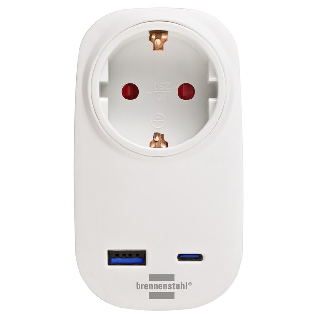 Brennenstuhl Durchgangsstecker mit USB-Ladegerät | USB-C PD + USB-A QC | 20W