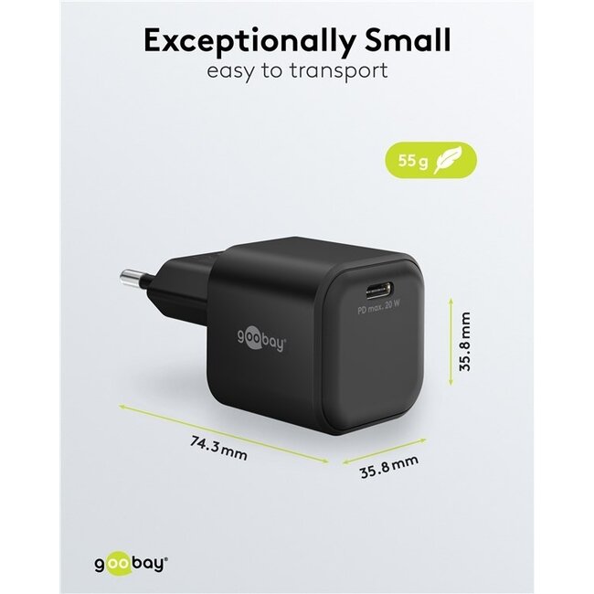 Goobay USB-Ladegerät | USB-C PD | GaN | 20W | Schwarz
