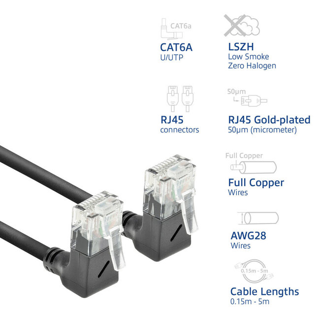 UTP CAT6a Slimline Netzwerkkabel | Winkelstecker oben | LSZH | Schwarz | 3 Meter