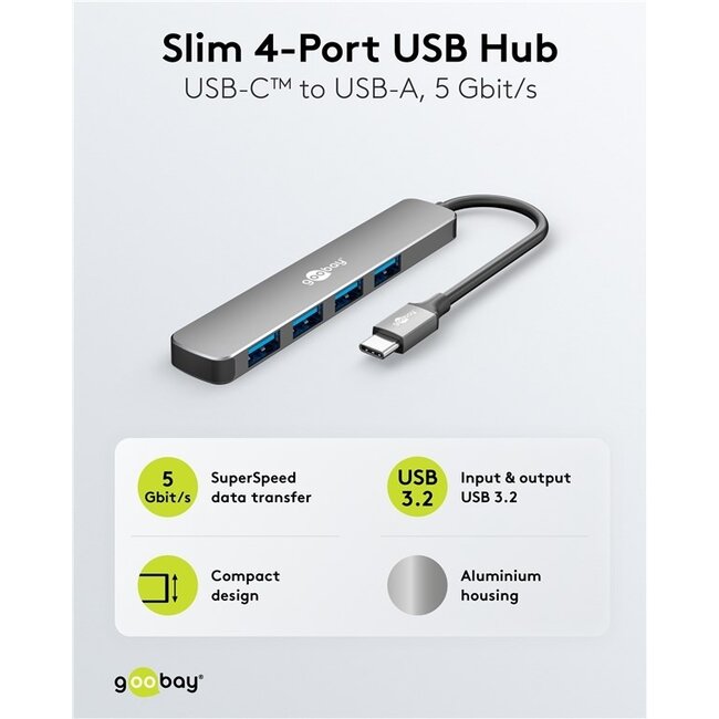 Goobay USB-Hub (USB-C) | 4x USB-A | USB 3.0 5 Gbps | Aluminium | 0,10 m