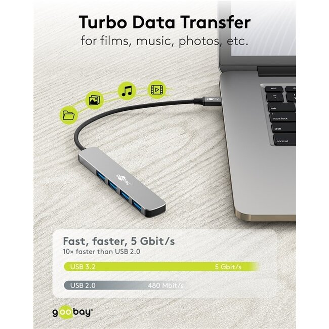 Goobay USB-Hub (USB-C) | 4x USB-A | USB 3.0 5 Gbps | Aluminium | 0,10 m
