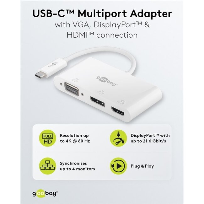 Goobay USB-C auf DisplayPort 4K 60Hz, HDMI 4K 30Hz & VGA 1080p Adapter | Weiß | 0,15 m