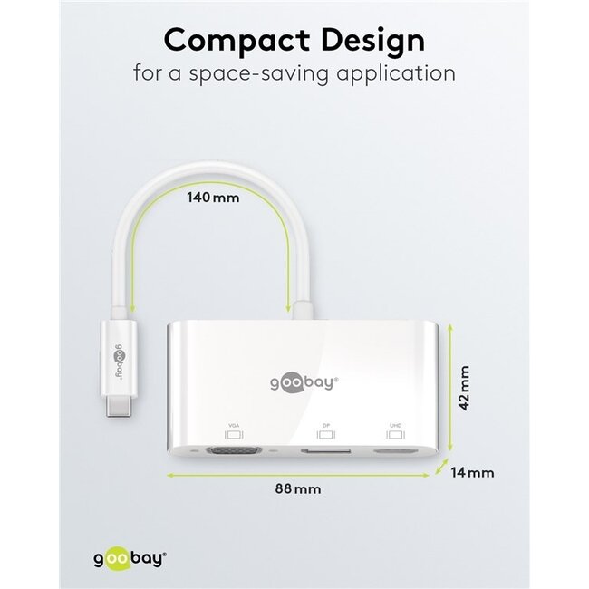 Goobay USB-C auf DisplayPort 4K 60Hz, HDMI 4K 30Hz & VGA 1080p Adapter | Weiß | 0,15 m
