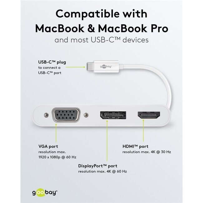 Goobay USB-C auf DisplayPort 4K 60Hz, HDMI 4K 30Hz & VGA 1080p Adapter | Weiß | 0,15 m