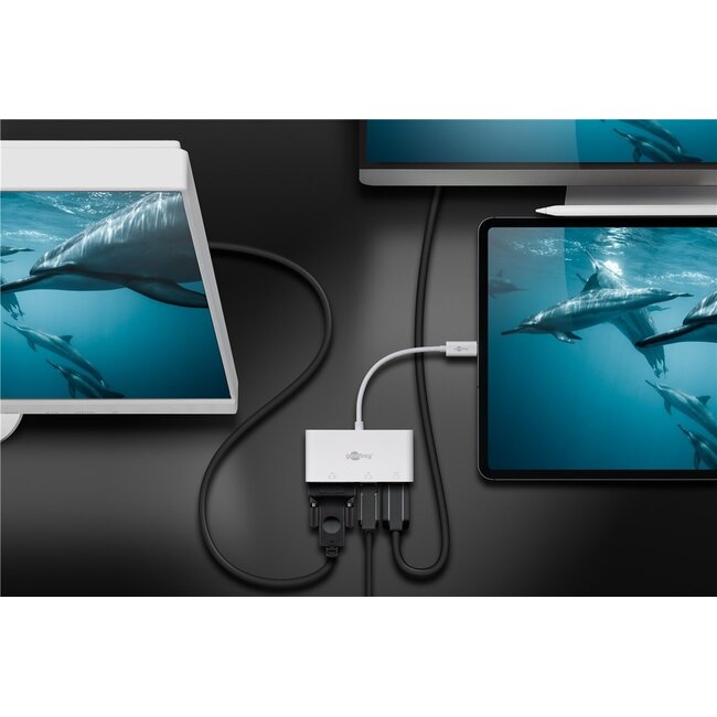 Goobay USB-C auf DisplayPort 4K 60Hz, HDMI 4K 30Hz & VGA 1080p Adapter | Weiß | 0,15 m