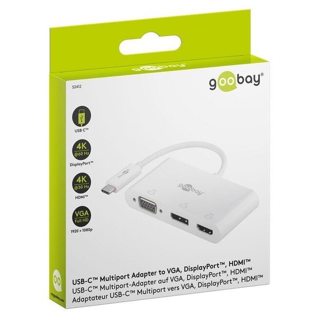 Goobay USB-C auf DisplayPort 4K 60Hz, HDMI 4K 30Hz & VGA 1080p Adapter | Weiß | 0,15 m