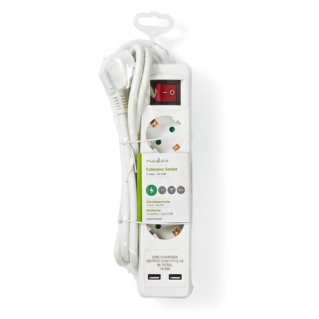 Nedis Steckdosenleiste | 3 Steckplätze | 2x USB-A | Schalter | 1,5 m
