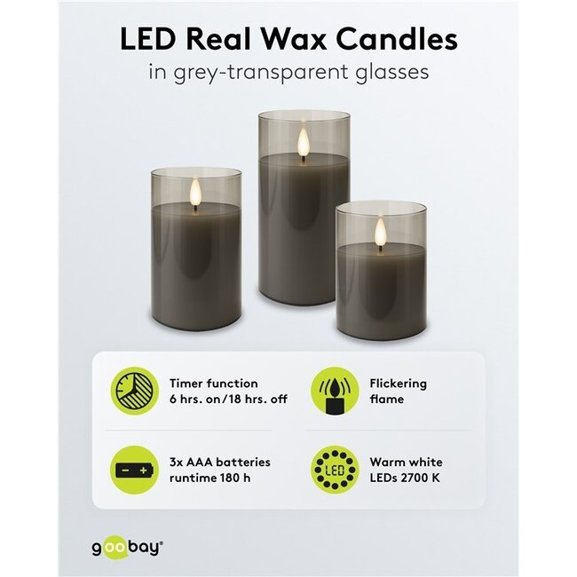 Goobay LED-Glaskerzen Set | 3 Stück | Timerfunktion | Grau | IP20
