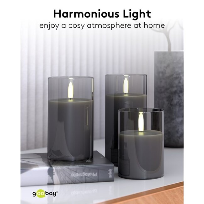Goobay LED-Glaskerzen Set | 3 Stück | Timerfunktion | Grau | IP20