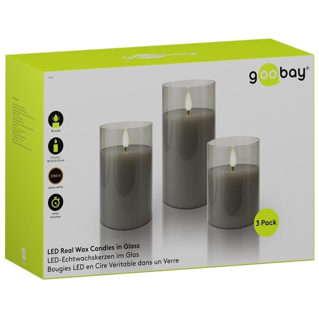 Goobay LED-Glaskerzen Set | 3 Stück | Timerfunktion | Grau | IP20