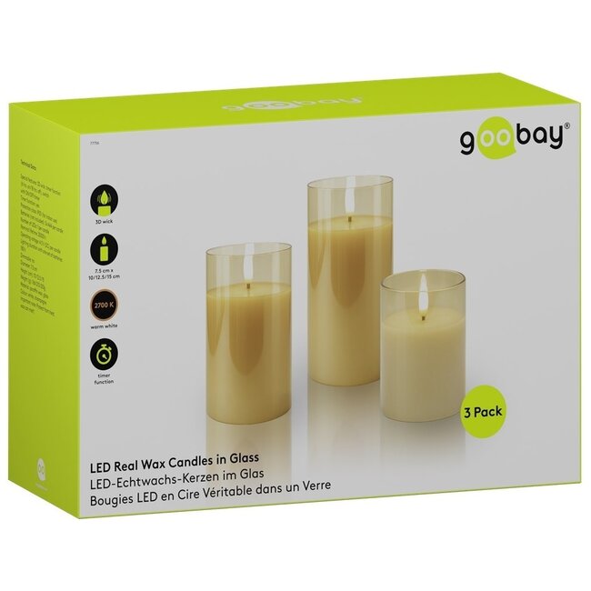 Goobay LED-Glaskerzen Set | 3 Stück | Timerfunktion | Gold | IP20