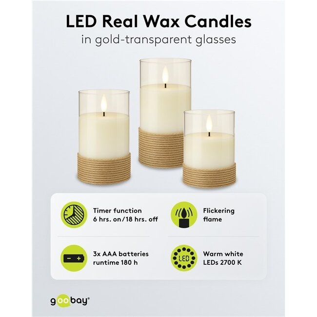 Goobay LED-Glaskerzen Set | 3 Stück | Timerfunktion | Braun | IP20
