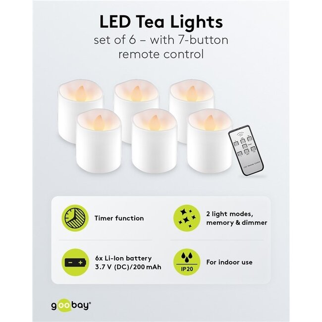 Goobay LED-Teelicht-Set | 6 Stück | Fernbedienung | Wiederaufladbar | Weiß | IP20
