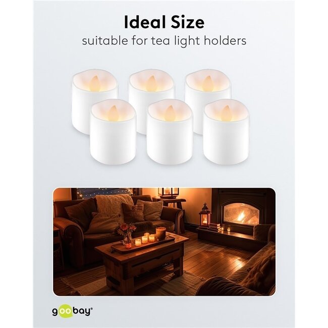 Goobay LED-Teelicht-Set | 6 Stück | Fernbedienung | Wiederaufladbar | Weiß | IP20
