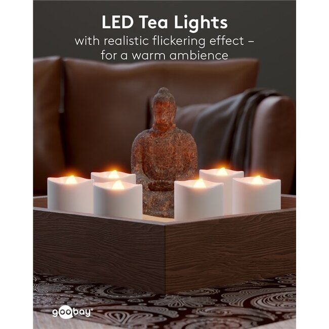 Goobay LED-Teelicht-Set | 6 Stück | Fernbedienung | Wiederaufladbar | Weiß | IP20