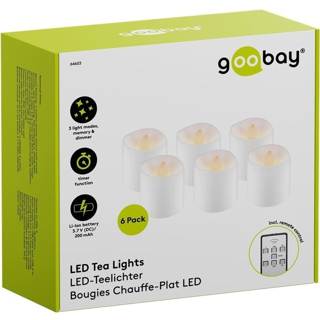 Goobay LED-Teelicht-Set | 6 Stück | Fernbedienung | Wiederaufladbar | Weiß | IP20