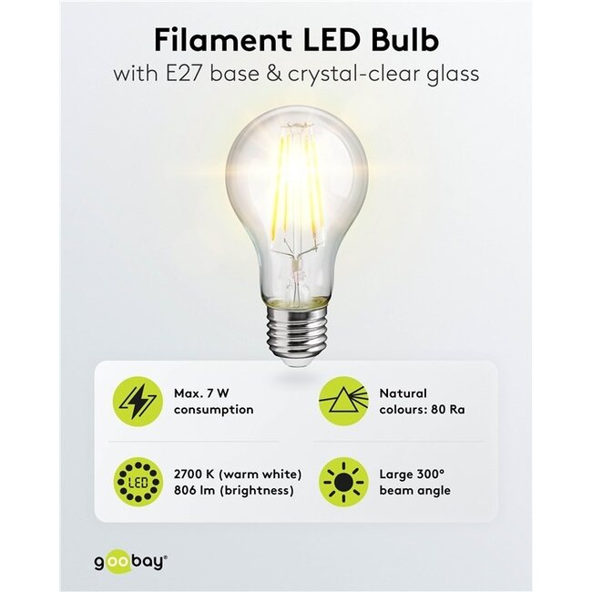 Goobay LED-Filamentlampe | Warmweiß | E27 | A60 | 7W