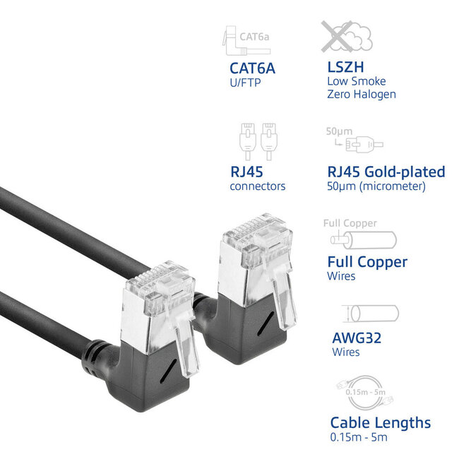 UFTP CAT6a Slimline Netzwerkkabel | Winkelstecker oben | LSZH | Schwarz | 2 Meter